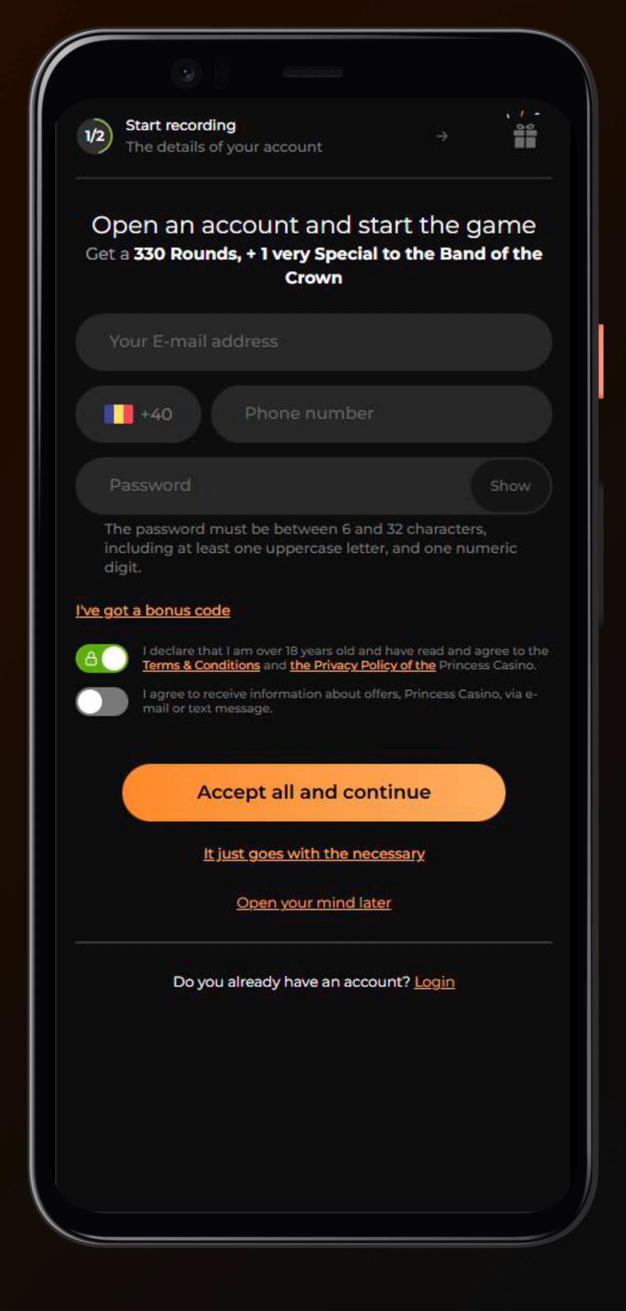 înscriere mobilă princesscasino